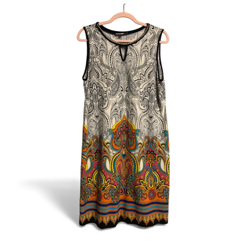 Sandra Darren 70s Boho Paisley Shift Dress Size 12 Sleeveless Keyhole V-Neck Vtg